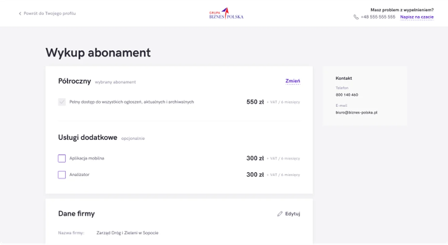 Biznes Polska subscription checkout screen